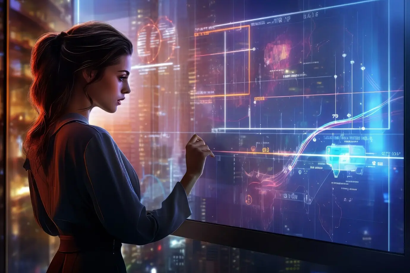 Сцена с деловым человеком, выполняющим футуристическую офисную работу.